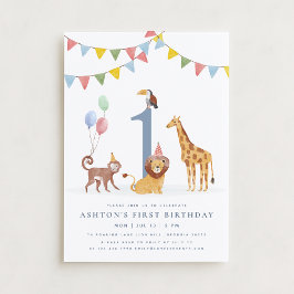 Watercolor Wild Animals First Birthday Inbjudningar