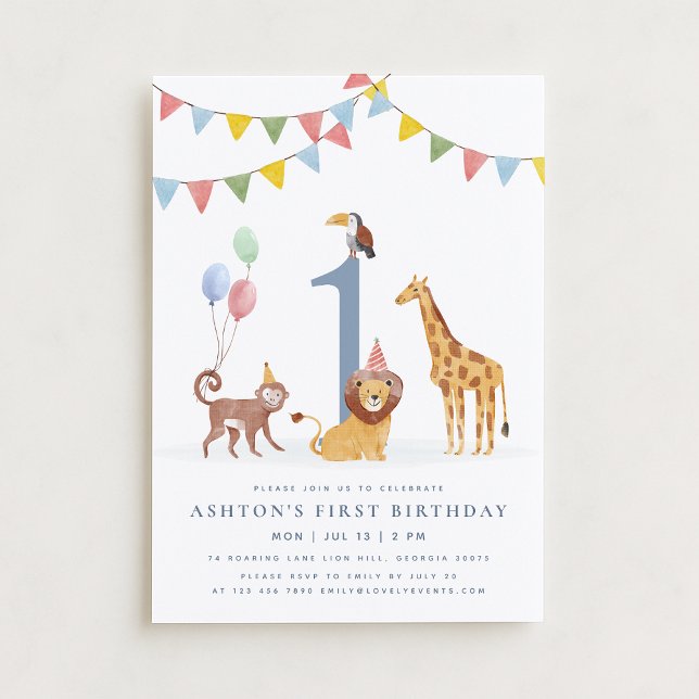 Watercolor Wild Animals First Birthday Inbjudningar (Skapare uppladdad)