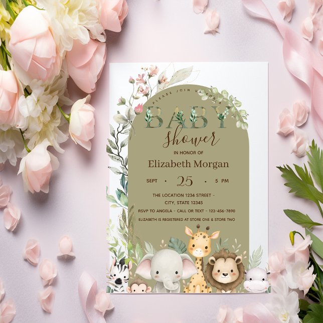 Watercolor Wild Animals Flowers Baby Shower   Inbjudningar (Skapare uppladdad)