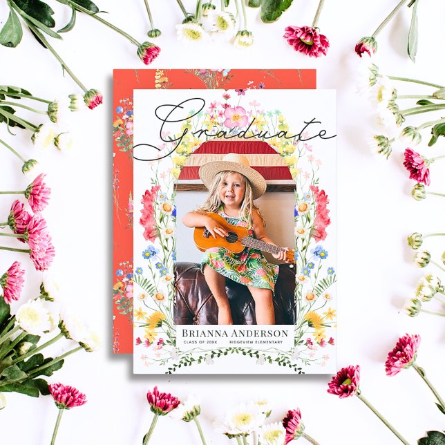 Watercolor Wildblomarch Photo Girl Studenten Inbjudningar (Skapare uppladdad)