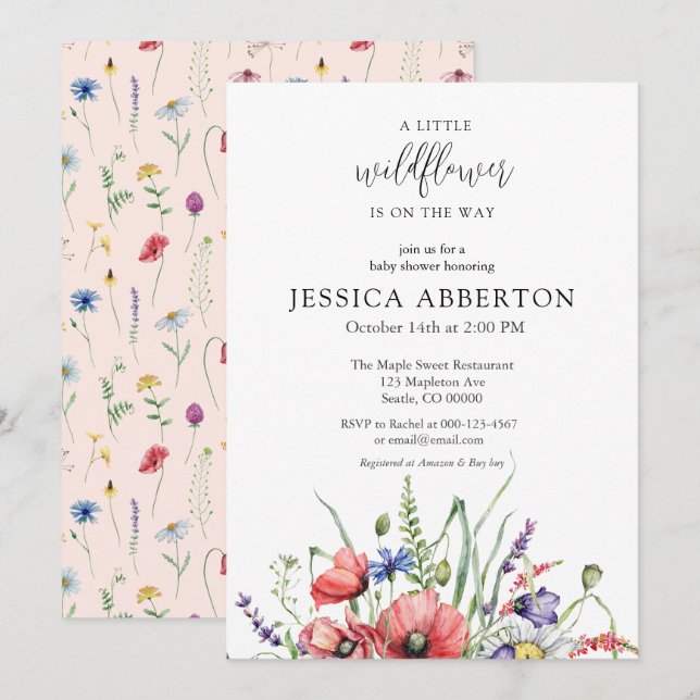Watercolor WildblomBaby Shower Inbjudningar (Fram/baksida)