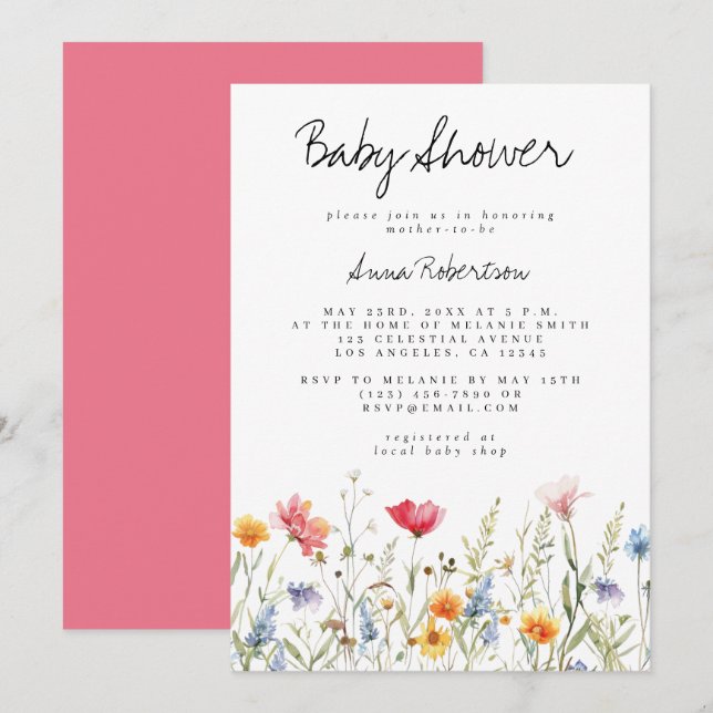Watercolor WildblomBaby Shower Inbjudningar (Fram/baksida)