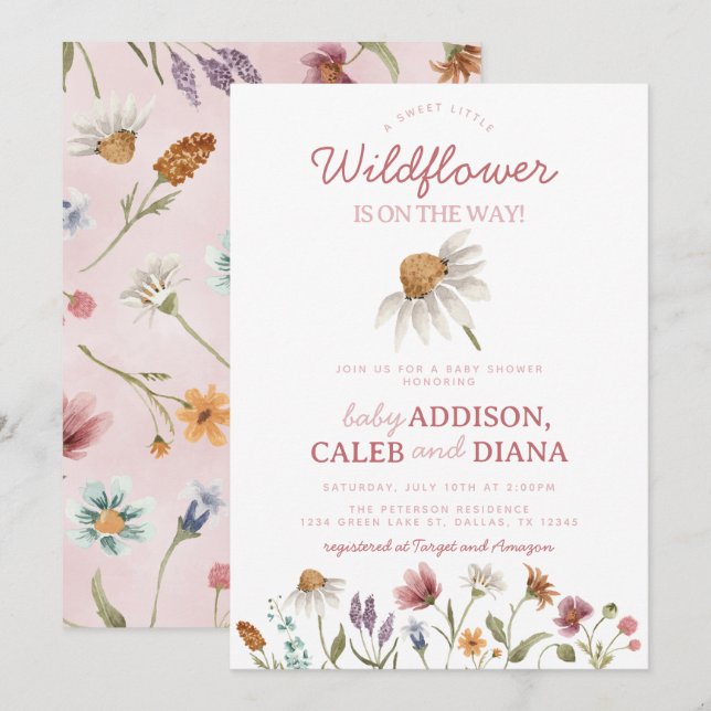 Watercolor WildblomBaby Shower Inbjudningar (Fram/baksida)