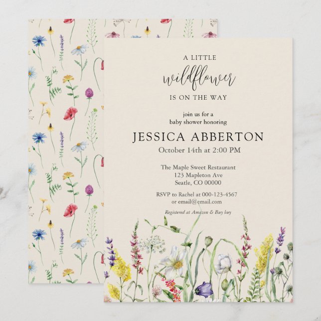 Watercolor WildblomBaby Shower Inbjudningar (Fram/baksida)