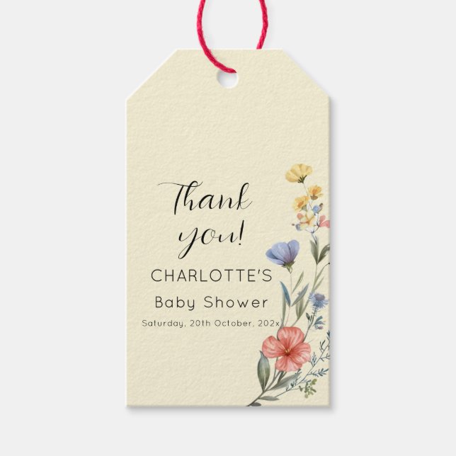 Watercolor WildblomBaby Shower Presentetikett (Framsidan)