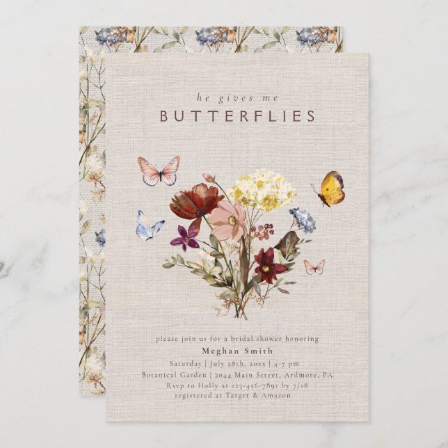 Watercolor WildblomButterfly Möhippa Inbjudningar (Fram/baksida)