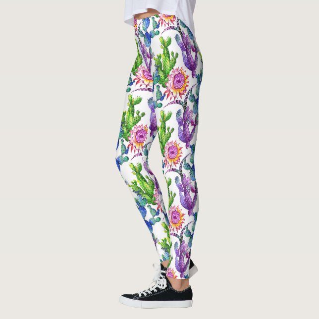 Watercolor WildblomCactus Mönster Leggings (Vänster)