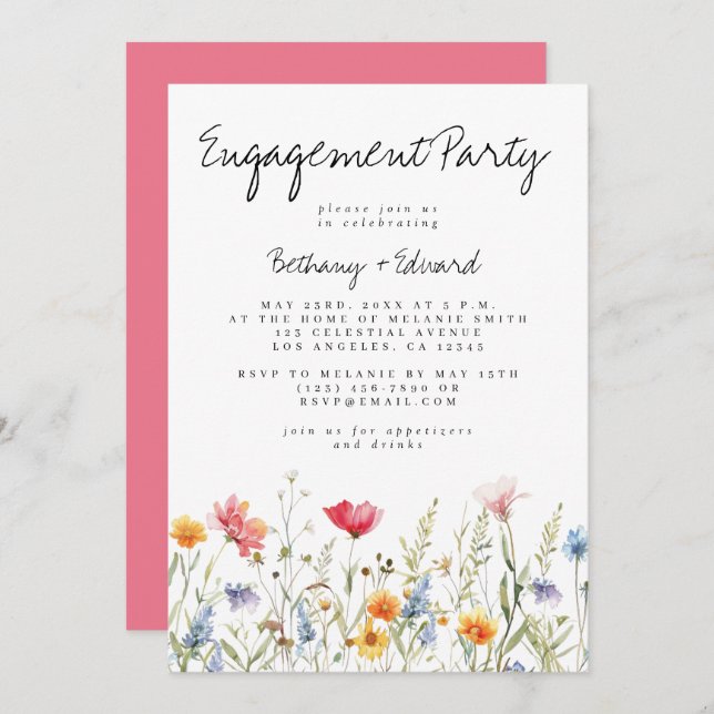 Watercolor WildblomFörlovningsfest Inbjudningar (Fram/baksida)