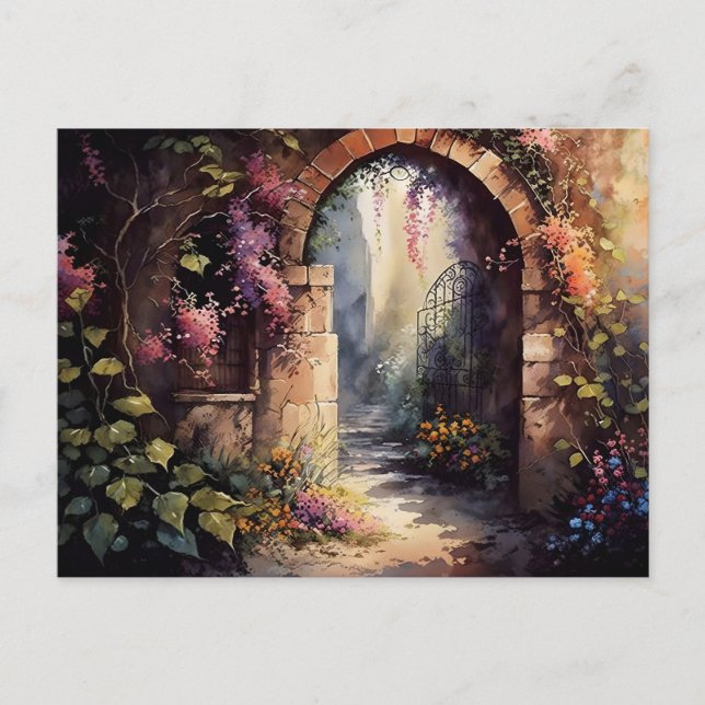 Watercolor WildblomGarden Arch Entrance Vykort (Framsida)