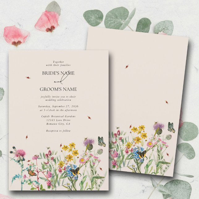 Watercolor WildblomGarden & Insektra Bröllop Inbjudningar (Watercolor Wildflower Garden & Insects Wedding Inv Invitation)