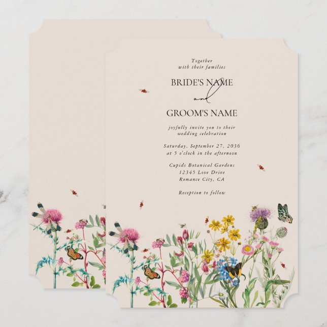 Watercolor WildblomGarden & Insektrare Bröllop Inv Inbjudningar (Fram/baksida)