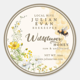 Watercolor Wildblomhoneycomb Bee Honungsetikett Runt Klistermärke