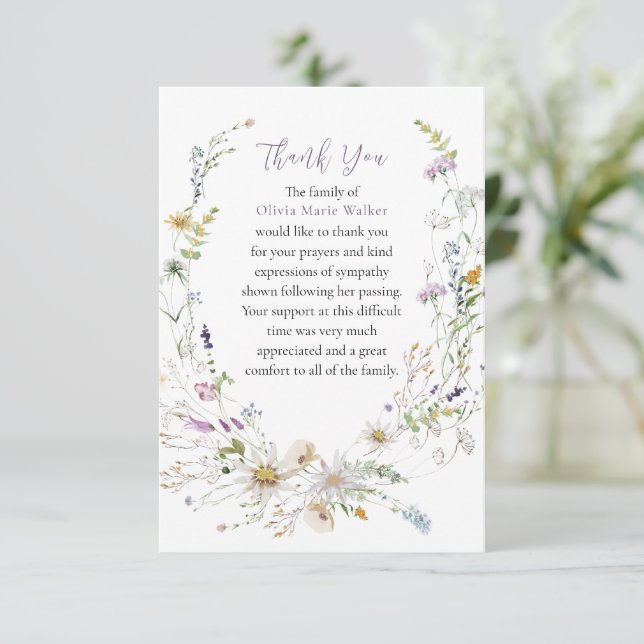Watercolor Wildblomlavender Funeral Tack (Stående Fram)