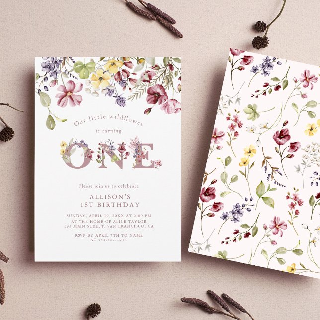 Watercolor Wildblomma 1st Birthday Mauve Girl Inbjudningar (Skapare uppladdad)