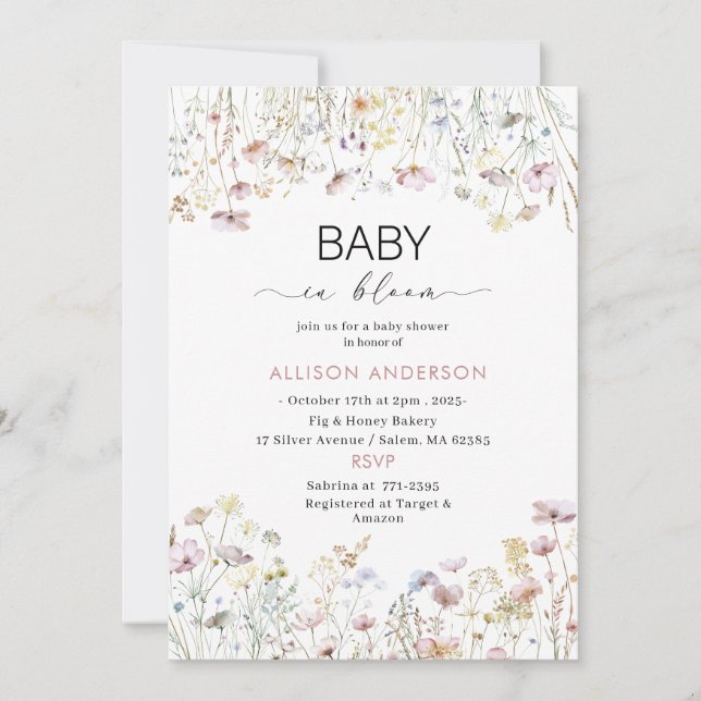 Watercolor Wildblomma Baby i Bloom Baby dusch Inbjudningar (Framsida)