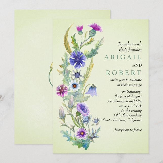 Watercolor wildblomma blommigt blek grönt bröllop inbjudningar (Fram/baksida)