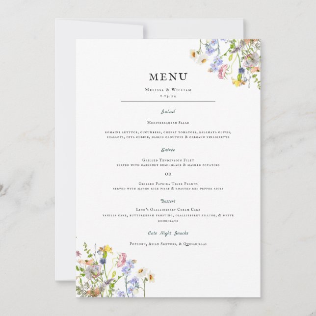 Watercolor Wildblomma | Blommigt Bröllop Menu Inbjudningar (Framsida)