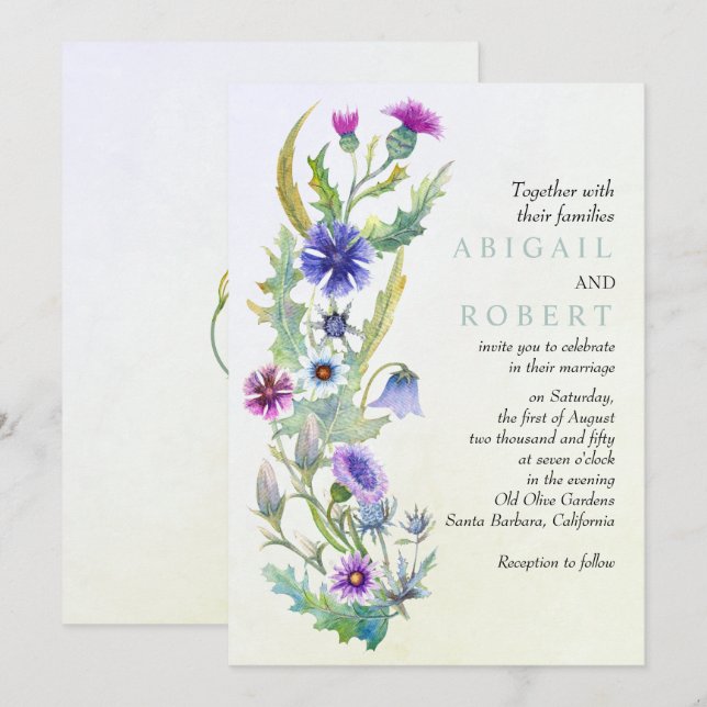 Watercolor wildblomma blommigt garland bröllop inbjudningar (Fram/baksida)