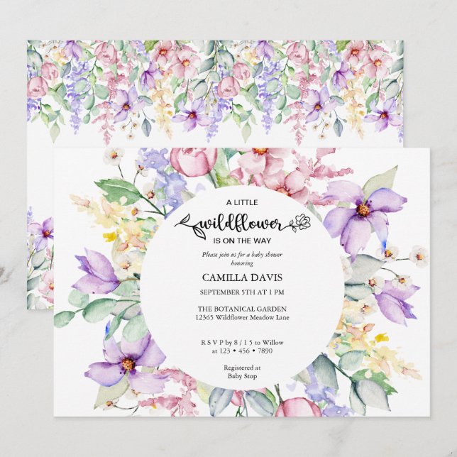 Watercolor Wildblomma | Botaniskt babyprogram Inv. Inbjudningar (Fram/baksida)