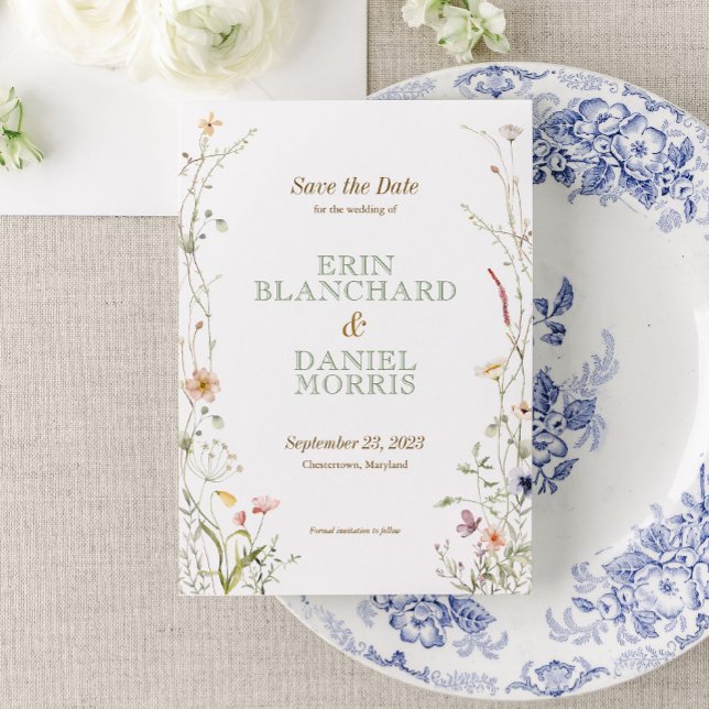 Watercolor Wildblomma Bröllop spara datum Inbjudningar (Immerse your guests in the romance of nature with our Watercolor Wildflower Wedding Collection.)