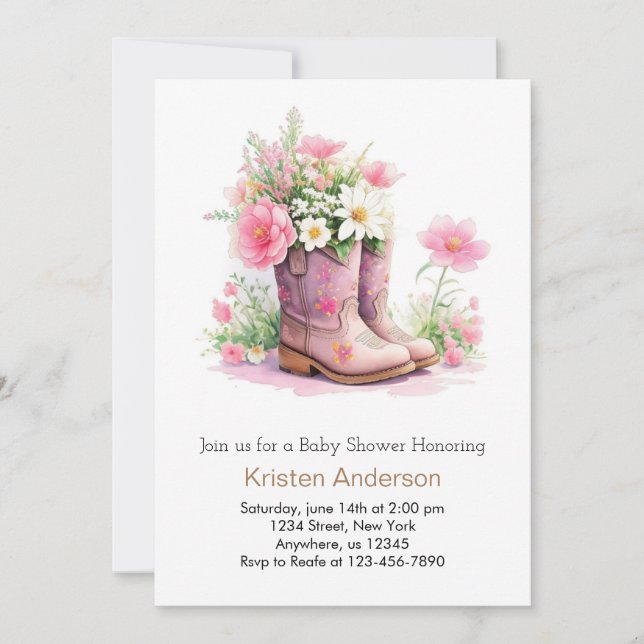 Watercolor Wildblomma Cowgirl Baby Shower Inbjudningar (Framsida)