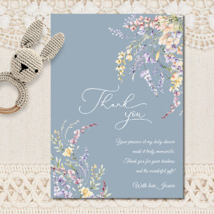 Watercolor Wildblomma Dusty Blue Baby Shower Tack Kort