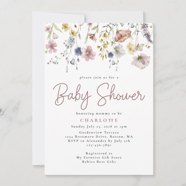 Watercolor Wildblomma Garden Baby Shower Inbjudningar (Framsida)