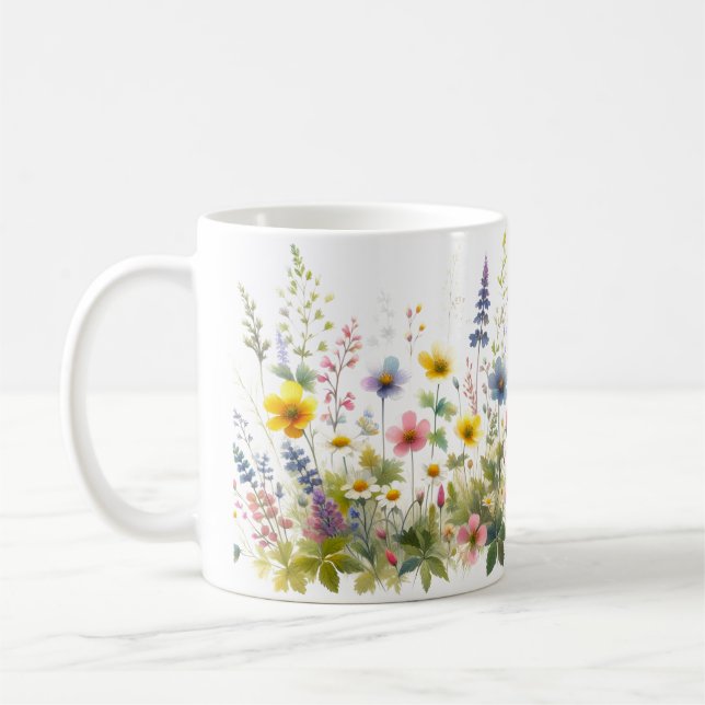 Watercolor Wildblomma Gult Blue Flower Kaffemugg (Vänster)