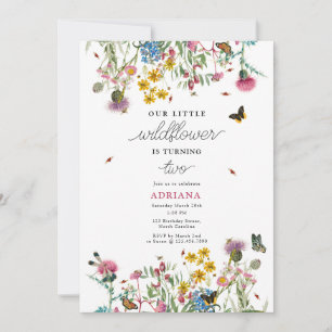 Watercolor Wildblomma Insekter Blommigt Girl Birth Inbjudningar