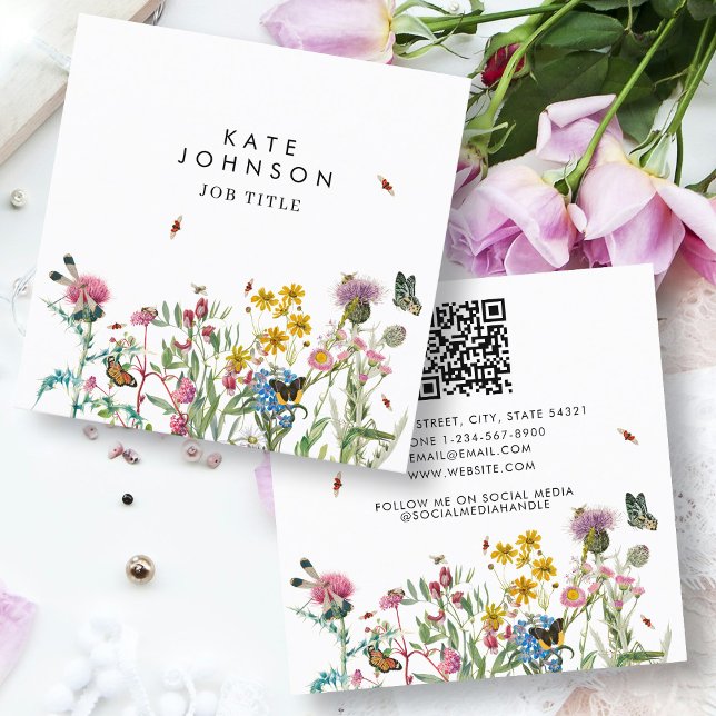 Watercolor Wildblomma QR Code Social Media Fyrkantigt Visitkort (Watercolor Wildflower QR Code Social Media Square Business Card)