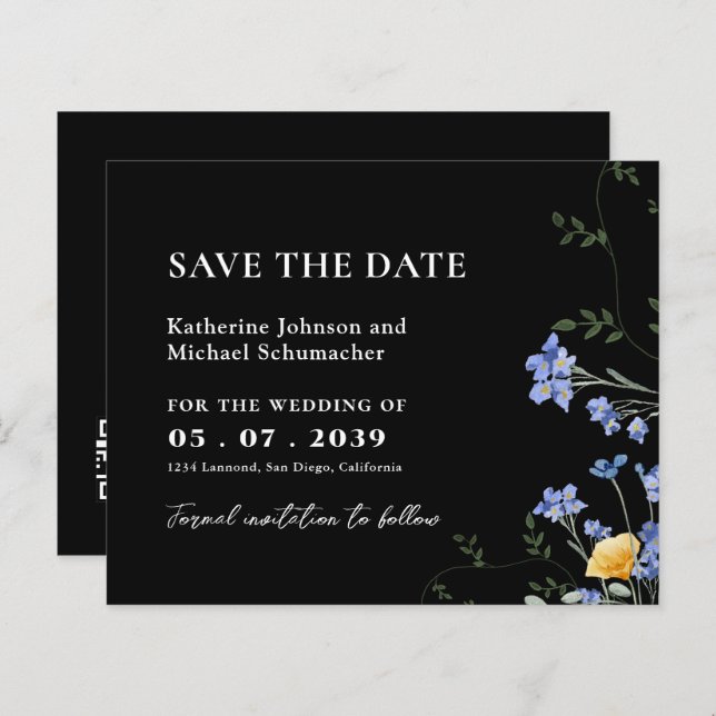 Watercolor Wildblomma QRcode Bröllop spara datum (Fram/baksida)