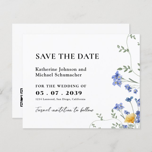 Watercolor Wildblomma QRcode Bröllop spara datum (Fram/baksida)