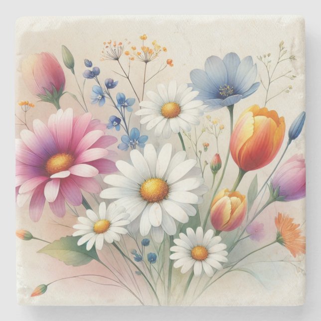 Watercolor Wildblomma Snyggt Vår & Summer Stenunderlägg (Framsidan)