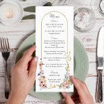 Watercolor Wildblomma Vår Sommarbåge Bröllop Meny<br><div class="desc">Gravt guld arch gräns med scrollsar i elegant som är förskönade med romantisk boho chic vattencolor pastel-blommor i blek blå,  rosa och gult. Denna charmerande samling är perfekten som kompletterar bröllop som är temat för Vår,  sommar eller trädgård.</div>