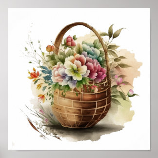 Watercolor WildblommBasket Poster