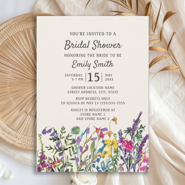 Watercolor WildblommBlommigt Lila Möhippa Inbjudningar (Watercolor wildflower bridal shower invitation)