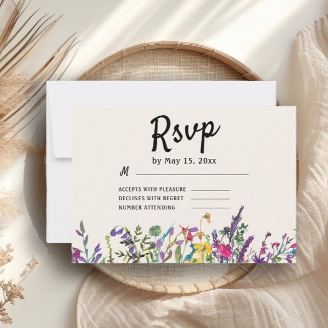 Watercolor WildblommBoho Landsbyggsbröllop OSA (Watercolor wildflowers wedding RSVP card)