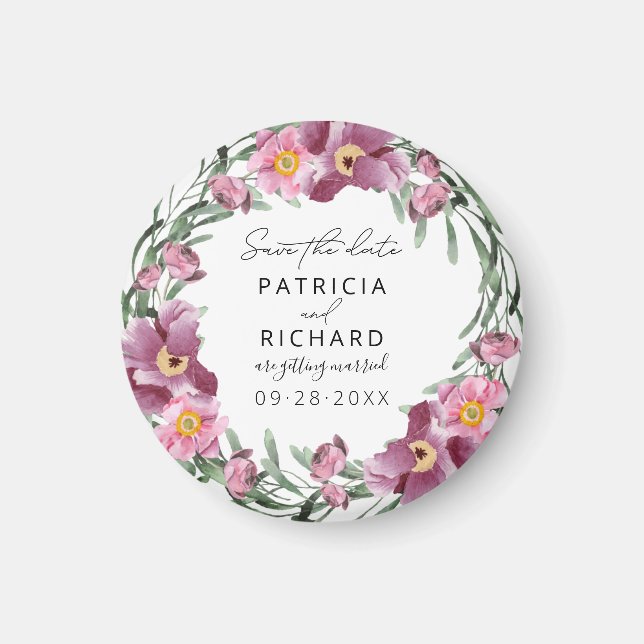 Watercolor WildblommBröllop spara datum Magnet (Framsidan)