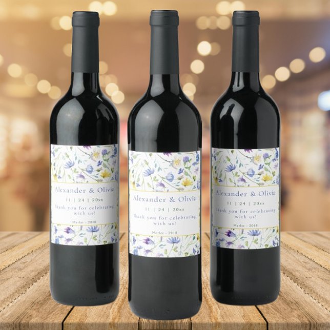 Watercolor WildblommBröllop Vinflaska Etikett (Watercolor Wildflowers Wedding Wine Label)