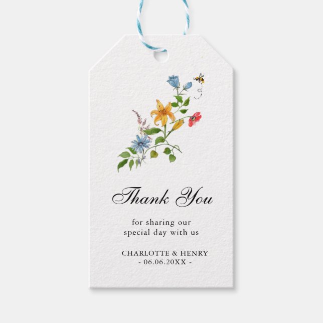 Watercolor Wildblomme Blommigt Bröllop Tack Presentetikett (Framsidan)