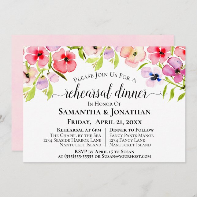 Watercolor Wildblomme Bröllop Rehearsal & Middag Inbjudningar (Fram/baksida)