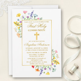 Watercolor Wildblomme Guld First Communion Inbjudningar