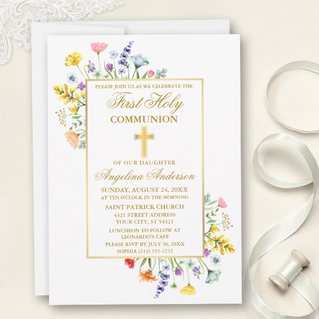 Watercolor Wildblomme Guld First Communion Inbjudningar (Customize to change text color, style, size or to add text to back of card.)