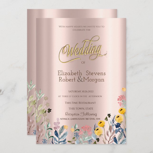 Watercolor Wildblomme Meadow Ro Guld Inbjudningar (Fram/baksida)