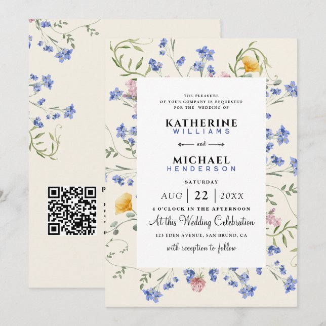 Watercolor Wildblomme QR-kodinformation OSA Bröllo Inbjudningar (Fram/baksida)