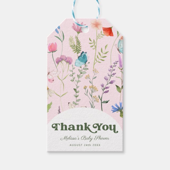 Watercolor Wildblomme Rosa Baby Shower Tack Presentetikett (Framsidan)