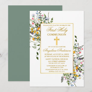 Watercolor Wildblomme Sage Grönt Guld Communion Inbjudningar