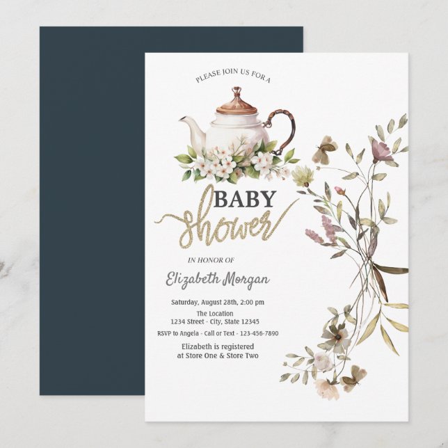 Watercolor Wildblomme Tea Pot Baby Shower Inbjudningar (Fram/baksida)