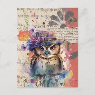 Watercolor Wildblomme Uggla Vintage Collage Vykort