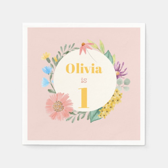 Watercolor Wildblomme Wandedräkt Första födelsedag Pappersservett (Framsidan)